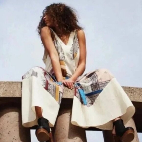 Free People Womens All Patched Up Jumpsuit XS Beige/Multi 100% Cotton Sleeveless - Picture 8 of 16
